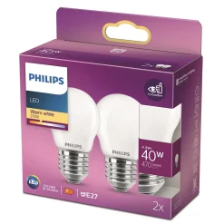 2 ampoules LED sphériques E27 470lm = 40W Ø4,5cm blanc chaud Philips