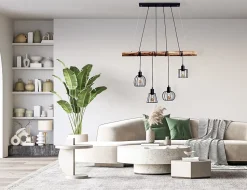 4 lampes suspendues WOODLAND metal et bois noir douilles E27 naturelles pour salon salle à manger entree bureau 100 cm