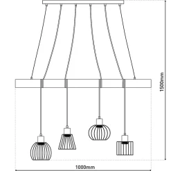 4 lampes suspendues WOODLAND metal et bois noir douilles E27 naturelles pour salon salle à manger entree bureau 100 cm