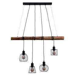 4 lampes suspendues WOODLAND metal et bois noir douilles E27 naturelles pour salon salle à manger entree bureau 100 cm