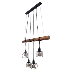 4 lampes suspendues WOODLAND metal et bois noir douilles E27 naturelles pour salon salle à manger entree bureau 100 cm