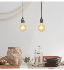 2 lampes suspension design en métal noir E27 compatible LED