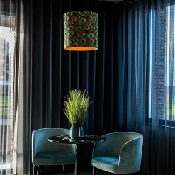 Abat-jour en velours motif paon 40/40/40 avec intérieur doré