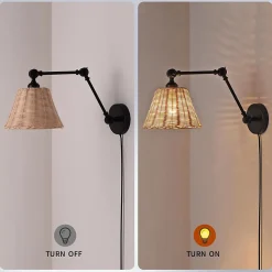ALPINALUZ Applique murale avec bras oscillant et abat-jour en rotin Style rustique, douille E27 avec câble, prise et interrupteur