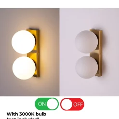 ALPINALUZ Applique Murale Double Sphère en Verre Opale et Base Rectangulaire en Laiton, E27