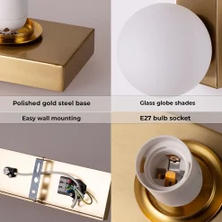 ALPINALUZ Applique Murale Double Sphère en Verre Opale et Base Rectangulaire en Laiton, E27