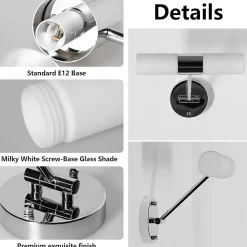 ALPINALUZ Applique murale de salle de bain 30 cm en métal et verre opale, réglable, 2 x E14, IP44