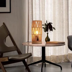 ALPINALUZ Lampe de Table Décorative en Rotin Naturel Design Bohème Vintage avec Base en Bois, Douille E27