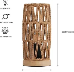 ALPINALUZ Lampe de Table Décorative en Rotin Naturel Design Bohème Vintage avec Base en Bois, Douille E27