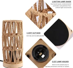 ALPINALUZ Lampe de Table Décorative en Rotin Naturel Design Bohème Vintage avec Base en Bois, Douille E27