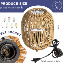 ALPINALUZ Lampe de Table en Rotin Naturel Tressée à la Main, Lumière Décorative E27 pour Chambre ou Chevet