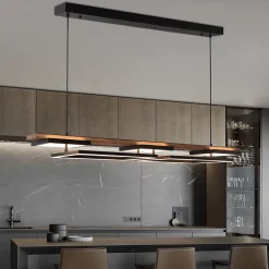 ALPINALUZ Suspension LED 60W en bois, rectangulaire à 2 niveaux avec 5 lumières, lumière réglable avec télécommande