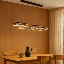 ALPINALUZ Suspension LED 60W en bois, rectangulaire à 2 niveaux avec 5 lumières, lumière réglable avec télécommande