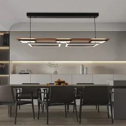 ALPINALUZ Suspension LED 60W en bois, rectangulaire à 2 niveaux avec 5 lumières, lumière réglable avec télécommande