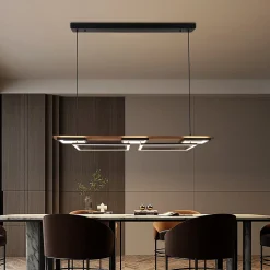 ALPINALUZ Suspension LED 60W en bois, rectangulaire à 2 niveaux avec 5 lumières, lumière réglable avec télécommande