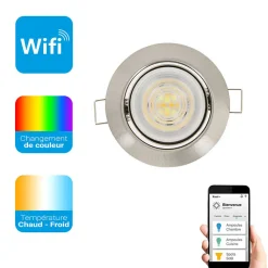 Ampoule LED connectée KOZii, éclairage blancs + couleurs, GU10 Spot encastrable aluminium brossé orientable 5W