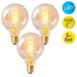 Ampoules LED 'DILLY' set de 3 avec douille E27, 4 Watt D: 9,5cm, en métal et verre, ambre