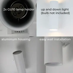 Aplique de Pared Lumière Double Haut et Bas Aluminium Blanc 2 Douilles GU10 ampoules non incluses.