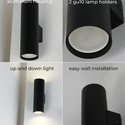 Aplique mural Double éclairage vers le haut et vers le bas aluminium noir 2 douilles GU10 ampoules non incluses.