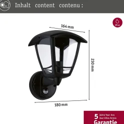 Applique d'extérieur Classic Curved Détecteur de mouvement crépusculaire (IR) IP44 carré 164x230mm max. 12W 230V Noir Matière plas