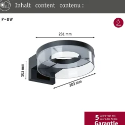 Applique d'extérieur LED Capera Détecteur de mouvement crépusculaire (IR) IP44 231mm 3000K 8W / 1,2W 700lm / 0lm 230V Anthracite A