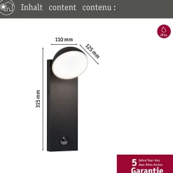 Applique d'extérieur LED Puka résistant à l'eau de mer IP44 rond 110x315mm 3000K 8,5W 460lm 230V Anthracite Aluminium