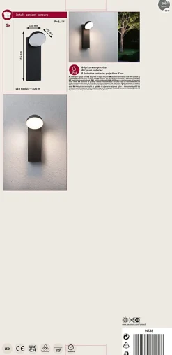 Applique d'extérieur LED Puka résistant à l'eau de mer IP44 rond 110x315mm 3000K 8,5W 460lm 230V Anthracite Aluminium
