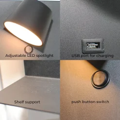 Applique LED en Aluminium Noir Orientable de 6W 2800K avec Interrupteur Base de Charge Grande et Port USB.