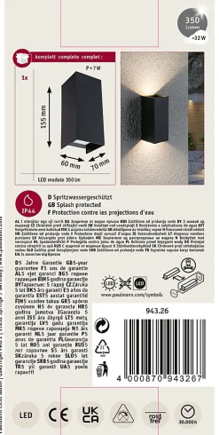 Applique LED Flame IP44 carré 65x155mm 3000K 2x2,8W 2x290lm 230V 105 Anthracite Aluminium