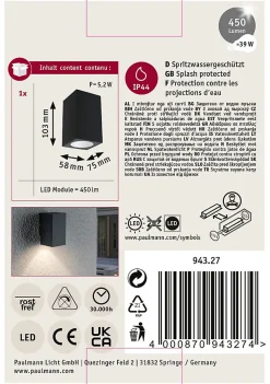 Applique LED Flame IP44 carré 58x103mm 3000K 3,8W 320lm 230V 75 Anthracite Aluminium