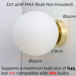 Applique murale au design nordique avec boule de cristal en aluminium doré LUNAR - Douille de lampe E27 G45.