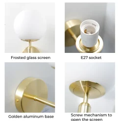 Applique murale avec globe en verre opalin et support doré douille E27 idéale pour chambre salon et couloir.