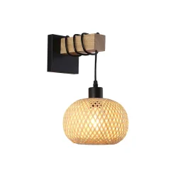 Applique Murale avec Support en Bois Naturel et Abat-jour en Osier Suspendu Base en Métal Noir Douille E27 pour Salon Co