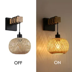 Applique Murale avec Support en Bois Naturel et Abat-jour en Osier Suspendu Base en Métal Noir Douille E27 pour Salon Co