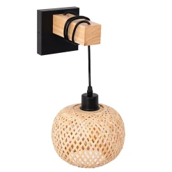 Applique Murale avec Support en Bois Naturel et Abat-jour en Osier Suspendu Base en Métal Noir Douille E27 pour Salon Co