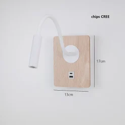 Applique murale blanc et bois avec faisceau de lecture flexible 3W port USB et Type C interrupteur avec puces CREE