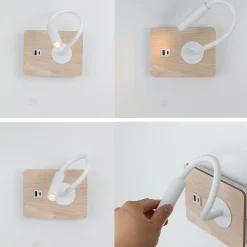 Applique murale blanc et bois avec faisceau de lecture flexible 3W port USB et Type C interrupteur avec puces CREE