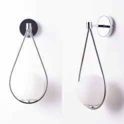 Applique murale design Goutte avec sphère en verre opalin et rosace métallique argentée E27.