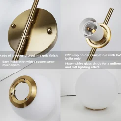 Applique Murale en Acier avec Fini en Laiton et 2 Boules en Cristal Givré OLIVIA E27