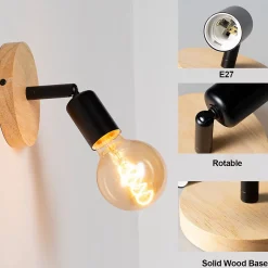 Applique murale en bois avec douille E27, style vintage et rustique
