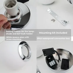 Applique Murale et Plafonnier Boule 150 mm Verre Opale E27 IP44 Chromé pour Salles de Bain et Extérieurs