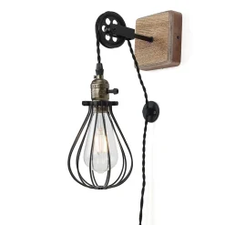 Applique Murale Ferme en Métal avec Cage et Bois Rustique Interrupteur à Câble avec Poulie Élévatrice E27
