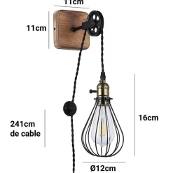 Applique Murale Ferme en Métal avec Cage et Bois Rustique Interrupteur à Câble avec Poulie Élévatrice E27