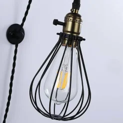 Applique Murale Ferme en Métal avec Cage et Bois Rustique Interrupteur à Câble avec Poulie Élévatrice E27