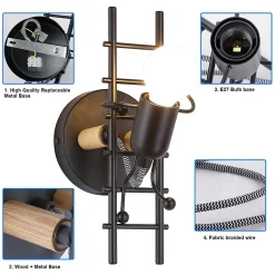 Applique murale Grimpeur avec Fourmi en métal noir et bois douille E27 idéale pour chambre denfant.