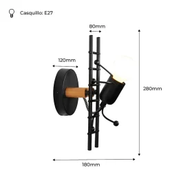 Applique murale Grimpeur avec Fourmi en métal noir et bois douille E27 idéale pour chambre denfant.