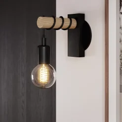 Applique murale intérieur en métal noir et effet bois E27 15W L.18,5 x l.6,5 x H.16,5cm, GoodHome Hornero