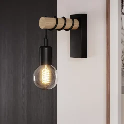 Applique murale intérieur en métal noir et effet bois E27 15W L.18,5 x l.6,5 x H.16,5cm, GoodHome Hornero
