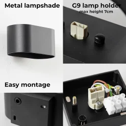 Applique murale intérieure en aluminium noir avec éclairage en haut et en bas support G9 ampoule non incluse