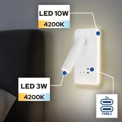 Applique murale LED avec lampe de lecture et interrupteur 10W + 3W 700 lm 4200K chargeur 2x USB Type-C blanc lampe de chevet